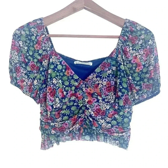 Urban Outfitters UO Navy Blue Pink Green Floral Mesh Crop Ruched Top Size M - Picture 1 of 5